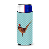 Caroline'S Treasures Ring-Necked Common Pheasant Blue Check Decorative Can Hugger, Slim, Multicolor