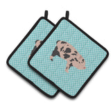 Caroline'S Treasures Mini Miniature Pig Blue Check Decorated Pot Holder, 7.5 X 7.5