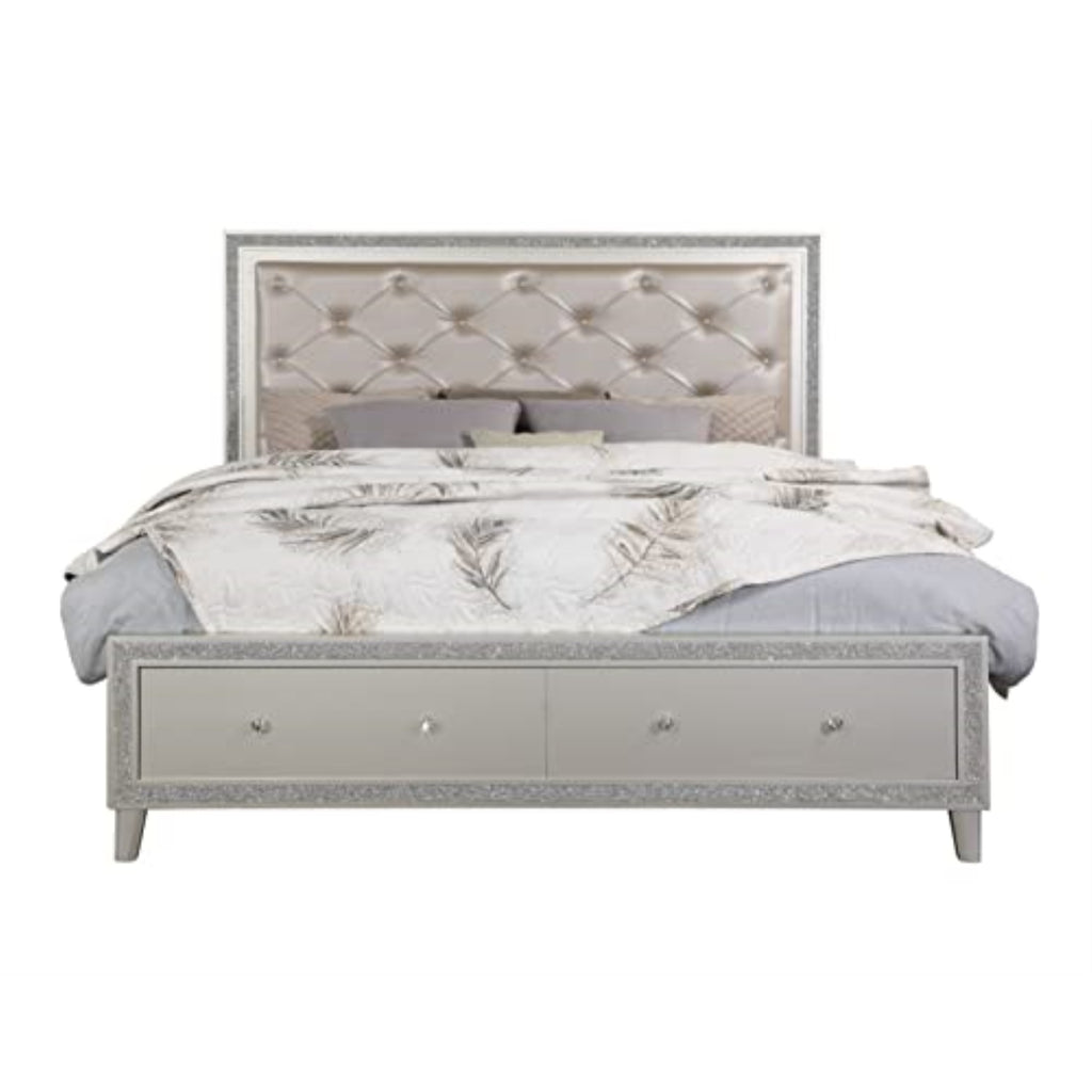 Bd00240Ck - California King Bed W/Storage, Pu & Champagne Finish - Sliverfluff