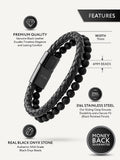 Black Braided Leather & Black Onyx Bead Bracelet