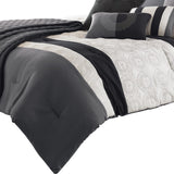 7 Piece Queen Cotton Comforter Set With Geometric Print, Gray And Black