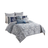 9 Piece Queen Polyester Comforter Set With Damask Prints, Blue And Gray