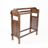 Wooden Mission Style Quilt Rack With 3 Hanging Bars On Scrolled Top, Brown