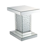 Pali 20 Inch Square Pedestal End Table, Mirrored, Faux Crystal Inlay, Silver