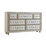 Matt 61 Inch Side Dresser, 7 Drawers, Velvet Tufted, Ivory, Light Brown