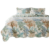 Wade 5 Piece Full Quilt Set, Ocean Design, Scalloped Edges, Floral Pattern