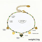 Elegant Green Zircon Heart Charm Bracelet Stainless Steel with Gold Finish