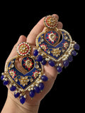 DER797 large sized kundan earrings - royal blue ( READY TO SHIP )
