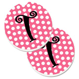 Caroline'S Treasures Letter T Monogram - Pink Black Polka Dots Set Of 2 Cup Holder Car Coasters Cj1001-Tcarc, 2.56, Multicolor