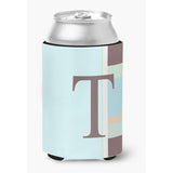 Letter T Initial Monogram - Blue Stripes Can Or Bottle Beverage Insulator Hugger