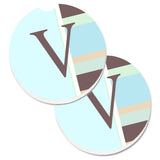 Caroline'S Treasures Letter V Initial Monogram - Blue Stripes Set Of 2 Cup Holder Car Coasters Cj1003-Vcarc, 2.56, Multicolor,