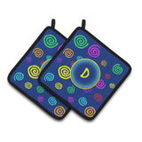 Caroline'S Treasures Letter D Initial Monogram - Blue Swirls Pair Of Pot Holders Cj1011-Dpthd, 7.5Hx7.5W, Multicolor