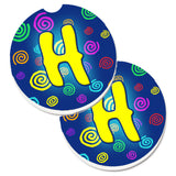 Caroline'S Treasures Letter H Initial Monogram - Blue Swirls Set Of 2 Cup Holder Car Coasters Cj1011-Hcarc, 2.56, Multicolor