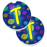 Caroline'S Treasures Letter T Initial Monogram - Blue Swirls Set Of 2 Cup Holder Car Coasters Cj1011-Tcarc, 2.56, Multicolor