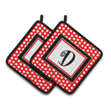 Caroline'S Treasures Letter D Initial Monogram Red Black Polka Dots Pair Of Pot Holders Cj1012-Dpthd, 7.5Hx7.5W, Multicolor
