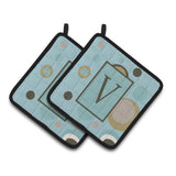Caroline'S Treasures Monogram - Initial V Blue Dots Pair Of Pot Holders Cj1013-Vpthd, 7.5Hx7.5W, Multicolor