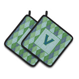 Caroline'S Treasures Initial V Monogram - Blue Argoyle Pair Of Pot Holders Cj1020-Vpthd, 7.5Hx7.5W, Multicolor