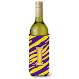 Monogram - Tiger Stripe - Purple Gold Initial I Wine Bottle Beverage Insulator Beverage Insulator Hugger