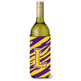 Monogram - Tiger Stripe - Purple Gold Initial L Wine Bottle Beverage Insulator Beverage Insulator Hugger
