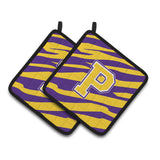 Caroline'S Treasures Letter P Monogram - Tiger Stripe - Purple Gold Pair Of Pot Holders Cj1022-Ppthd, 7.5Hx7.5W, Multicolor