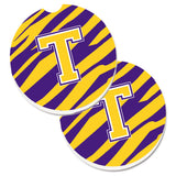 Caroline'S Treasures Letter T Monogram - Tiger Stripe - Purple Gold Set Of 2 Cup Holder Car Coasters Cj1022-Tcarc, 2.56, Multi