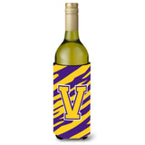Monogram - Tiger Stripe - Purple Gold Initial V Wine Bottle Beverage Insulator Beverage Insulator Hugger