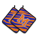 Caroline'S Treasures Monogram Initial M Tiger Stripe - Blue Orange Pair Of Pot Holders Cj1023-Mpthd, 7.5Hx7.5W, Multicolor