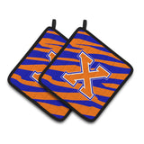 Caroline'S Treasures Monogram Initial X Tiger Stripe - Blue Orange Pair Of Pot Holders Cj1023-Xpthd, 7.5Hx7.5W, Multicolor