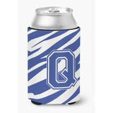Letter Q Initial Monogram - Tiger Stripe Blue And White Can Beverage Insulator Hugger