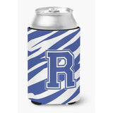 Letter R Initial Monogram - Tiger Stripe Blue And White Can Beverage Insulator Hugger