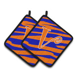Caroline'S Treasures Monogram Initial V Tiger Stripe Blue & Orange Pair Of Pot Holders Cj1036-Vpthd, 7.5Hx7.5W, Multicolor