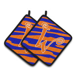 Caroline'S Treasures Monogram Initial W Tiger Stripe Blue & Orange Pair Of Pot Holders Cj1036-Wpthd, 7.5Hx7.5W, Multicolor