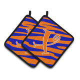 Caroline'S Treasures Monogram Initial X Tiger Stripe Blue & Orange Pair Of Pot Holders Cj1036-Xpthd, 7.5Hx7.5W, Multicolor