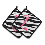 Caroline'S Treasures Monogram Initial L Zebra Stripe & Pink Pair Of Pot Holders Cj1037-Lpthd, 7.5Hx7.5W, Multicolor