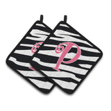 Caroline'S Treasures Monogram Initial P Zebra Stripe & Pink Pair Of Pot Holders Cj1037-Ppthd, 7.5Hx7.5W, Multicolor