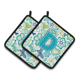 Caroline'S Treasures Letter D Flowers & Butterflies Teal Blue Pair Of Pot Holders Cj2006-Dpthd, 7.5Hx7.5W, Multicolor