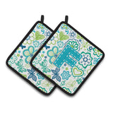 Caroline'S Treasures Letter F Flowers & Butterflies Teal Blue Pair Of Pot Holders Cj2006-Fpthd, 7.5Hx7.5W, Multicolor