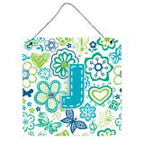 Caroline'S Treasures Letter J Flowers And Butterflies Teal Blue Wall Or Door Hanging Prints, 6 X 6