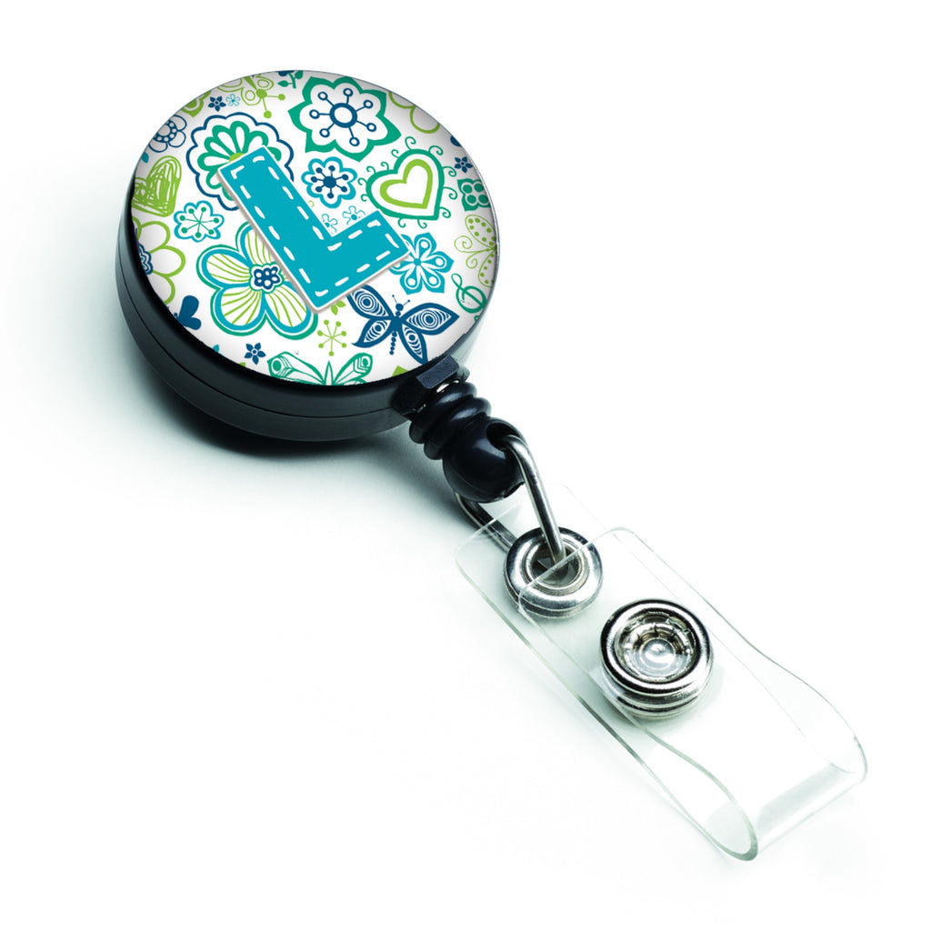 Caroline'S Treasures Letter L Flowers & Butterflies Teal Blue Retractable Badge Reel, Multicolor (Cj2006-Lbr)