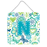 Caroline'S Treasures Letter N Flowers And Butterflies Teal Blue Wall Or Door Hanging Prints, 6 X 6