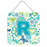 Caroline'S Treasures Letter R Flowers And Butterflies Teal Blue Wall Or Door Hanging Prints, 6 X 6