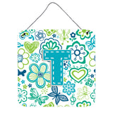 Caroline'S Treasures Letter T Flowers And Butterflies Teal Blue Wall Or Door Hanging Prints, 6 X 6
