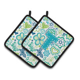 Caroline'S Treasures Letter T Flowers & Butterflies Teal Blue Pair Of Pot Holders Cj2006-Tpthd, 7.5Hx7.5W, Multicolor