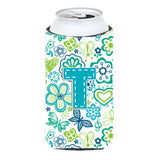 Letter T Flowers And Butterflies Teal Blue Tall Boy Beverage Insulator Hugger Cj2006-Ttbc