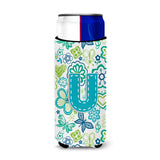 Letter U Flowers And Butterflies Teal Blue Ultra Beverage Insulators For Slim Cans Cj2006-Umuk