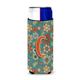 Letter C Flowers Retro Blue Ultra Beverage Insulators For Slim Cans Cj2012-Cmuk