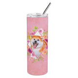 Caroline'S Treasures Akita Pink Flowers Double Walled Stainless Steel 20 Oz Skinny Travel-Insulated-Tumblers, Multicolor