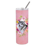 Caroline'S Treasures Alaskan Malamute Pink Flowers Double Walled Stainless Steel 20 Oz Skinny Travel-Insulated-Tumblers, Multi
