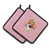 Caroline'S Treasures Ck4116Pthd Basset Hound Pink Flowers Pair Of Pot Holders Potholders, Multicolor 2 Count