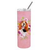Caroline'S Treasures Basset Hound Pink Flowers Double Walled Stainless Steel 20 Oz Skinny Travel-Insulated-Tumblers, Multicolo